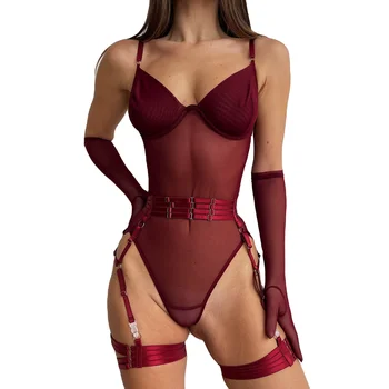 Sexy Lingerie Garter Perspective Christmas Dark Red V Neck Bodysuit