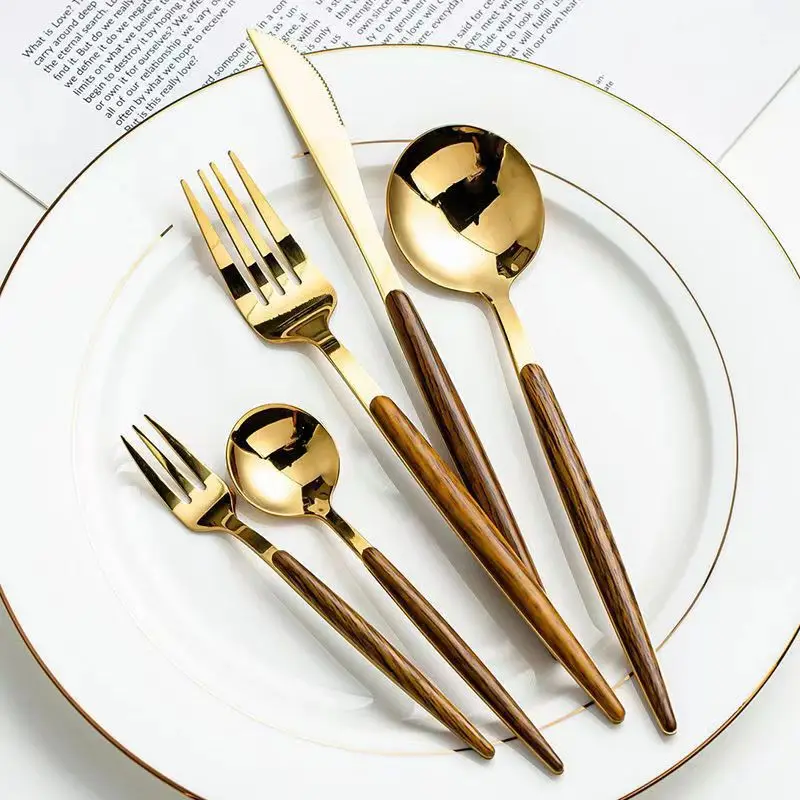 Stainless Steel Flatware Luxury Gold Dinnerware Sets With Wooden