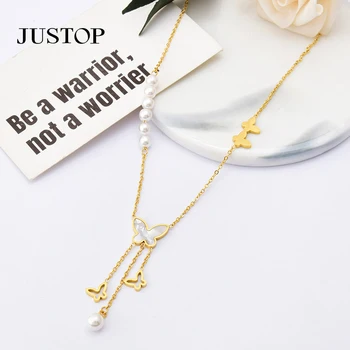 Korean Version of White Shell Butterfly Pearl Necklace Titanium Steel Hollow Long Tassel Pendant Necklace for Women