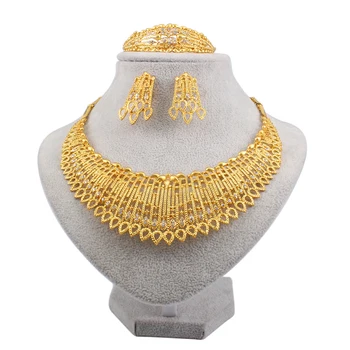 Fine 24k gold plated bridal Hollow wide face pendant necklace earring, ring, bracelet zircon jewelry sets for party