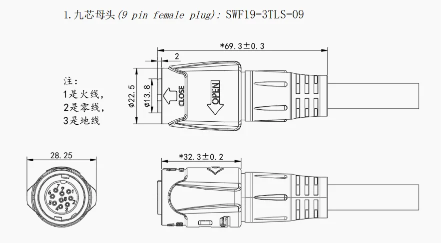 M19 Series Power Cable Push-pull Self-locking Black Connection Industrial 9 Pin Female Male Plug signal Connector