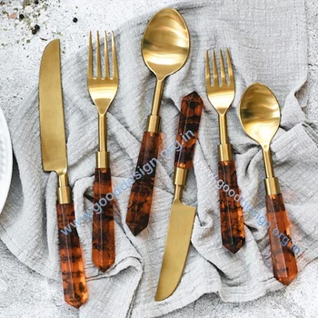 Wholesale 18/10 High Quality 5 Pcs Tortoise Resin Handle Flatware Sets Stainless Steel Luxury gold Cutlery Set for wedding party