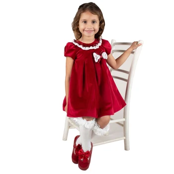 Custom winter dressy velour girl party red dress for 10 years baby dress boutique