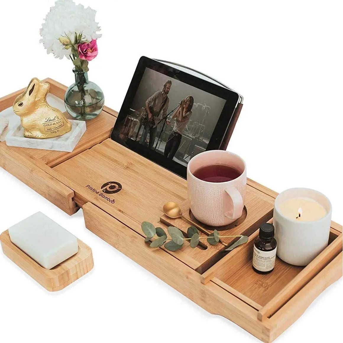 Bamboo Bathtub Caddy Tray Expandable and Waterproof with Book and Wine Holder 