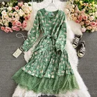 Dress Print Print Hot Selling Women Western Dress Foral Print Pleated Lace Hem Slim Vintage Long Women Dress