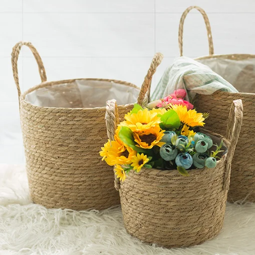 HUAYI  seagrass wicker hand-woven large capacity storage basket with handle wholesale