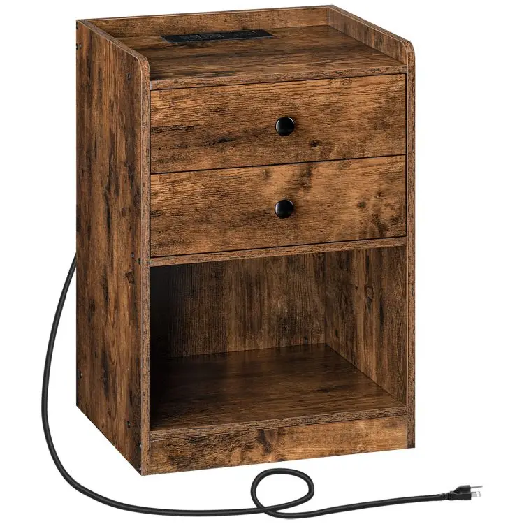 Modern Brown Wooden 1/2 Drawer Bedside Table Wooden Nightstand Bedside Table With Charging Station And Usb Ports For Bedroom