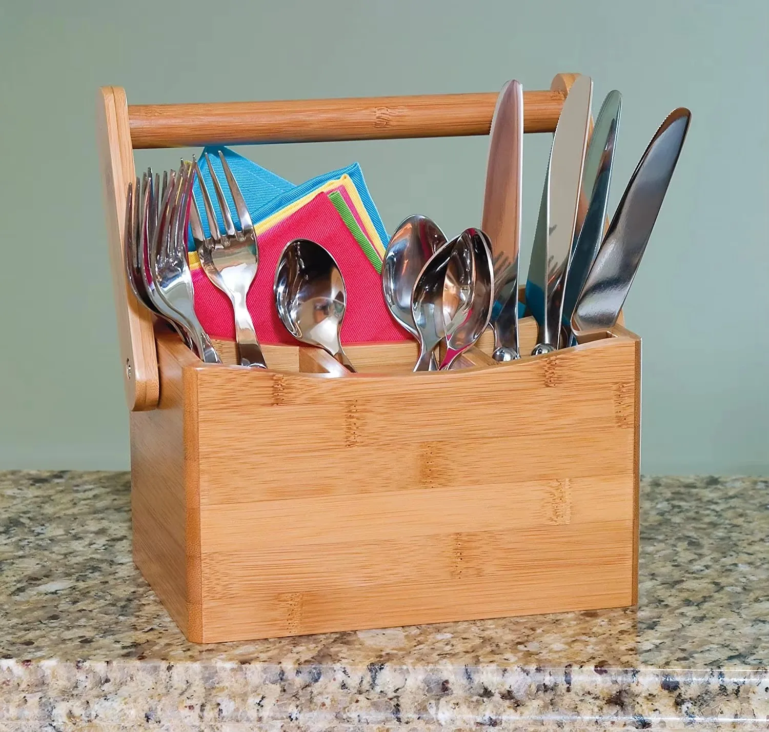 product bamboo utensil caddy with handle silverware holder for kitchen drawer counter flatware organizer for rustic home storage-2