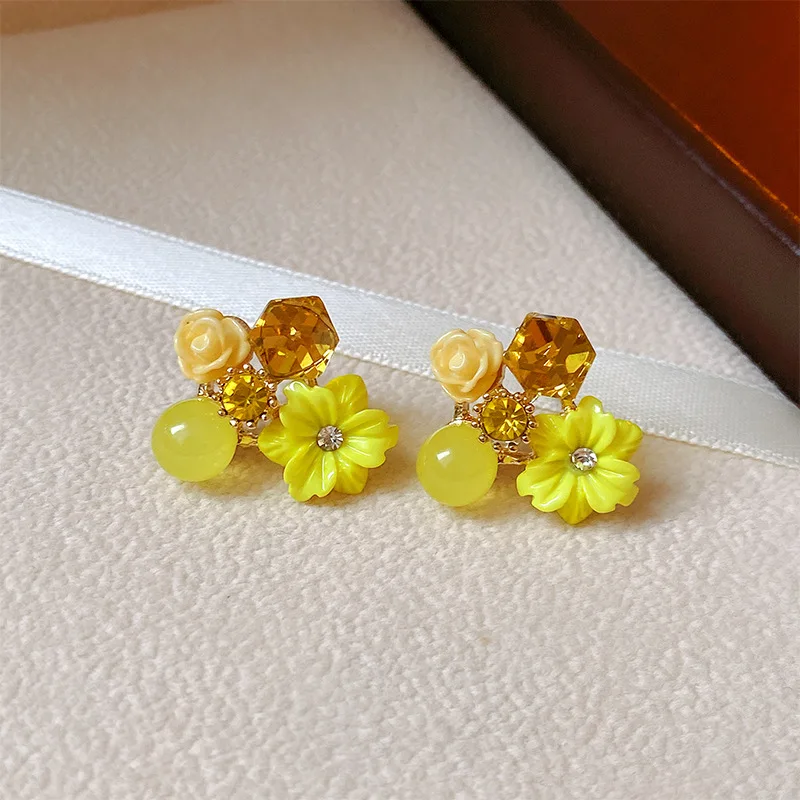 Noble Purple Crystal Flower Stud Earrings For Woman 2024 Korean Fashion Jewelry Wedding Party Girl's Earring