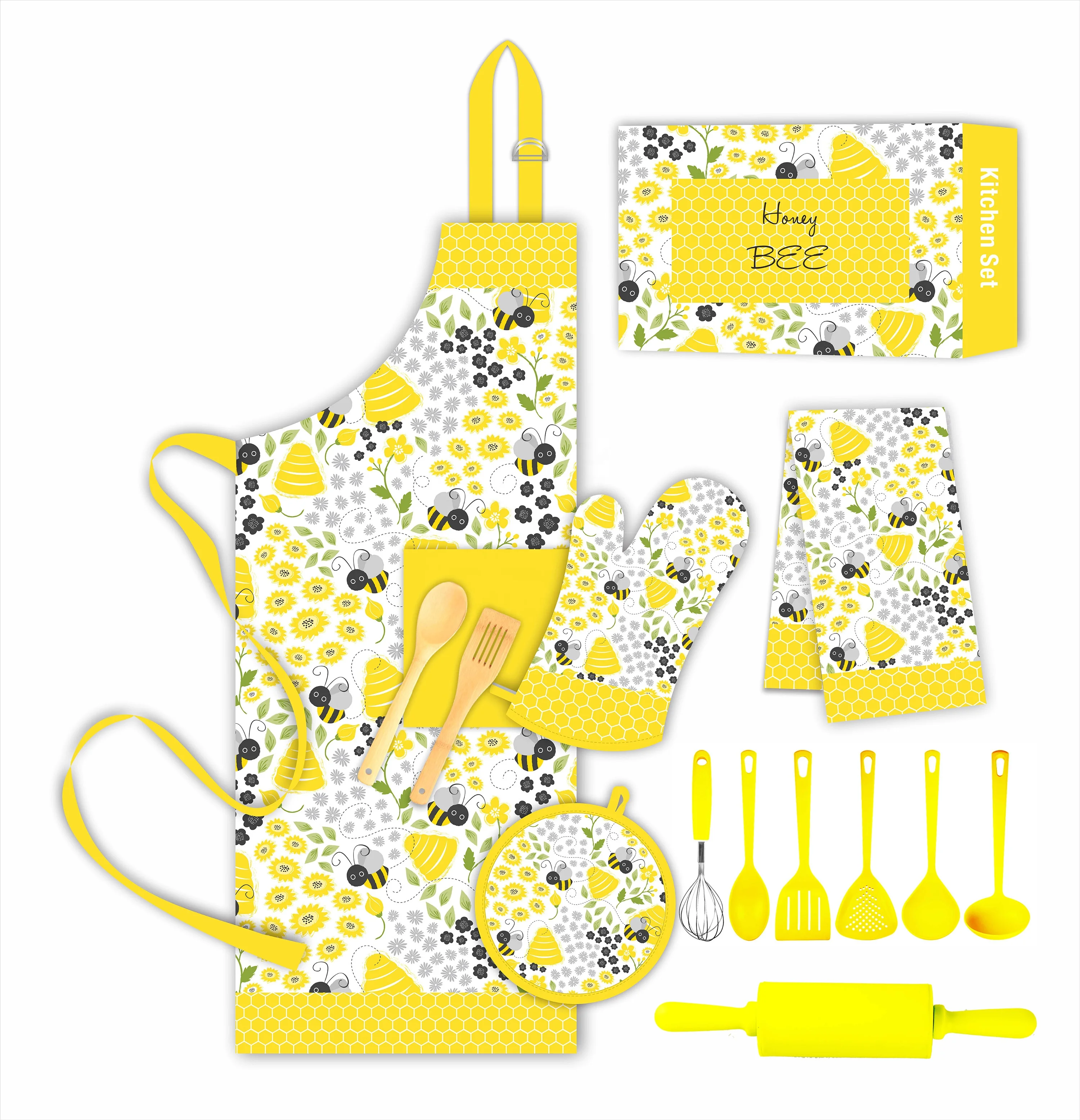 Bee Printing Oven Mitts Pot Holder Tea Towel Household Kitchen Set Custom Logo Printing Chef Apron Set