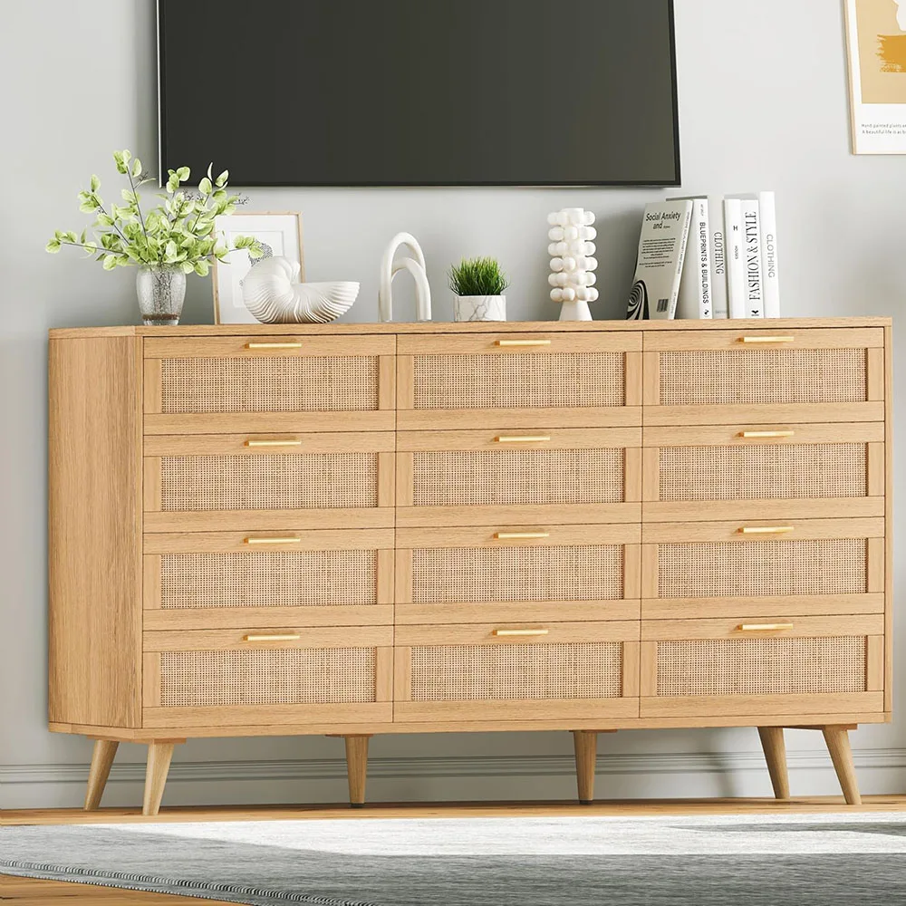 product 12 drawer double dresser modern oak chest dressers with golden handles for bedroom and living room natural-0