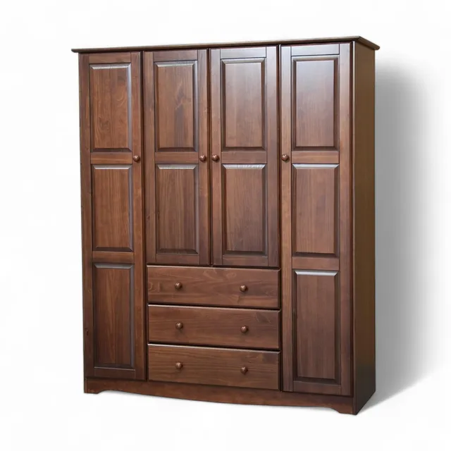 Solid Mahogany Wood Family Armoire 4 Doors with Hanging Rods Contemporary Bedroom Wardrobe Closet for Home Villa