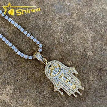 Hip Hop Necklace18K Yellow Gold Lab Diamond Eye Ancient Hamsa Hand Pendant Charm