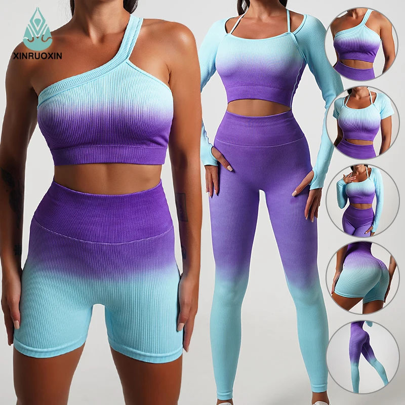 New Design Women Sports Suit Gym Wear Set 5 Piece Seamless Yoga Fitness Clothing Fashion Gradient Color Sportswear Workout Suits