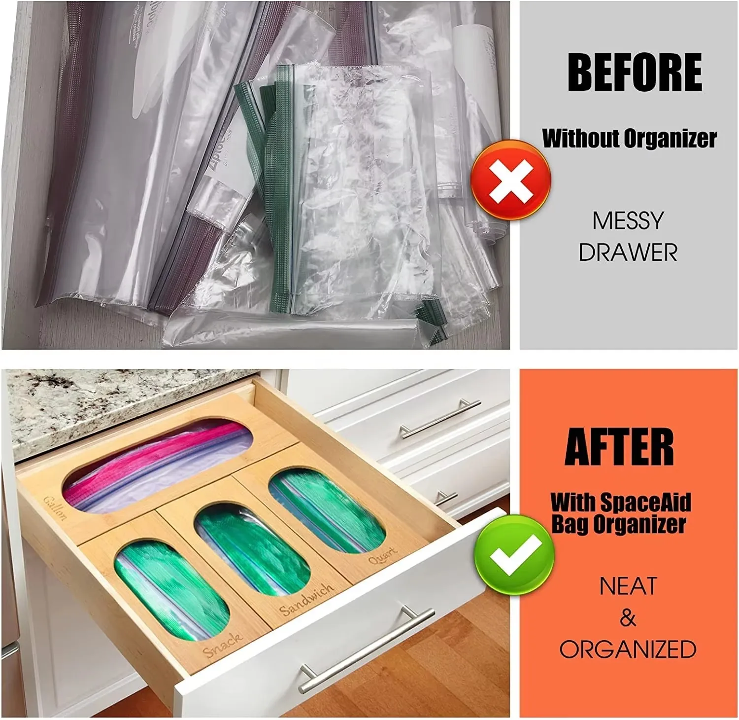 product bamboo ziplock bag dispenser organizers box bag holder drawer 4 in 1 storage organizer for sandwich gallon snack-6