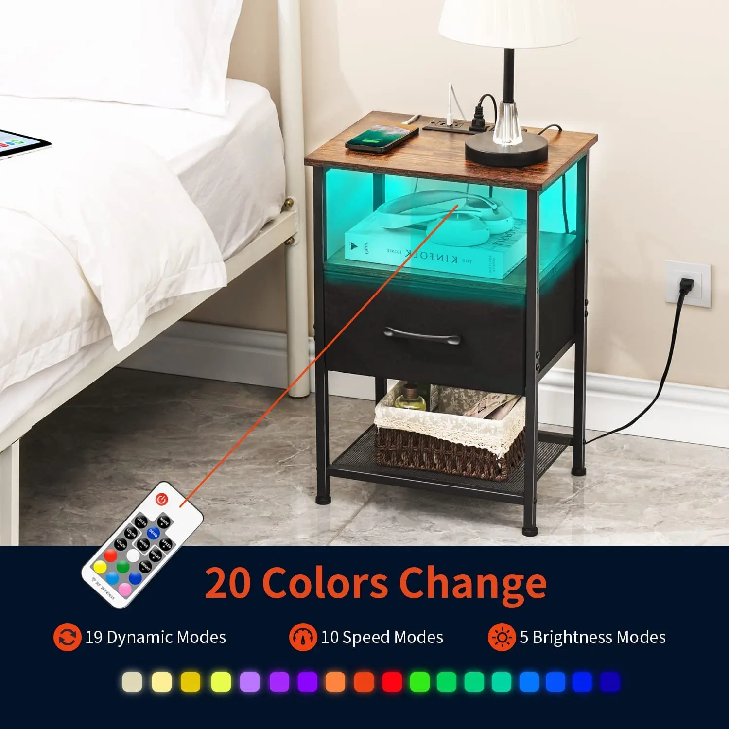 Factory Hot-Selling Custom Bedroom Living Room 20 Colors LED Light Strip 2 Layers Shelf End Table Bedside Table Nightstands