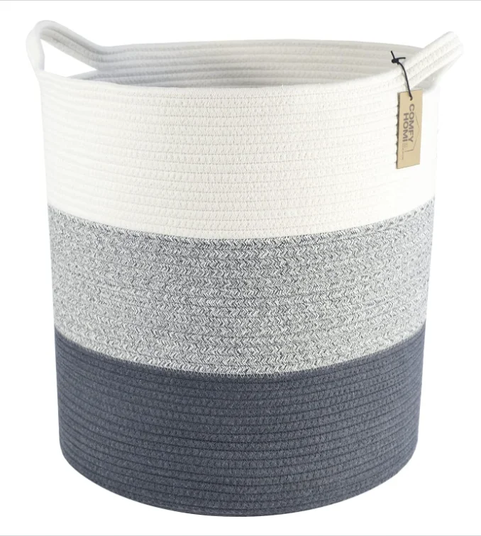 Laundry Basket Tall Woven Cotton rope Basket with Handles for Blankets Round Storage Basket for living room Cl