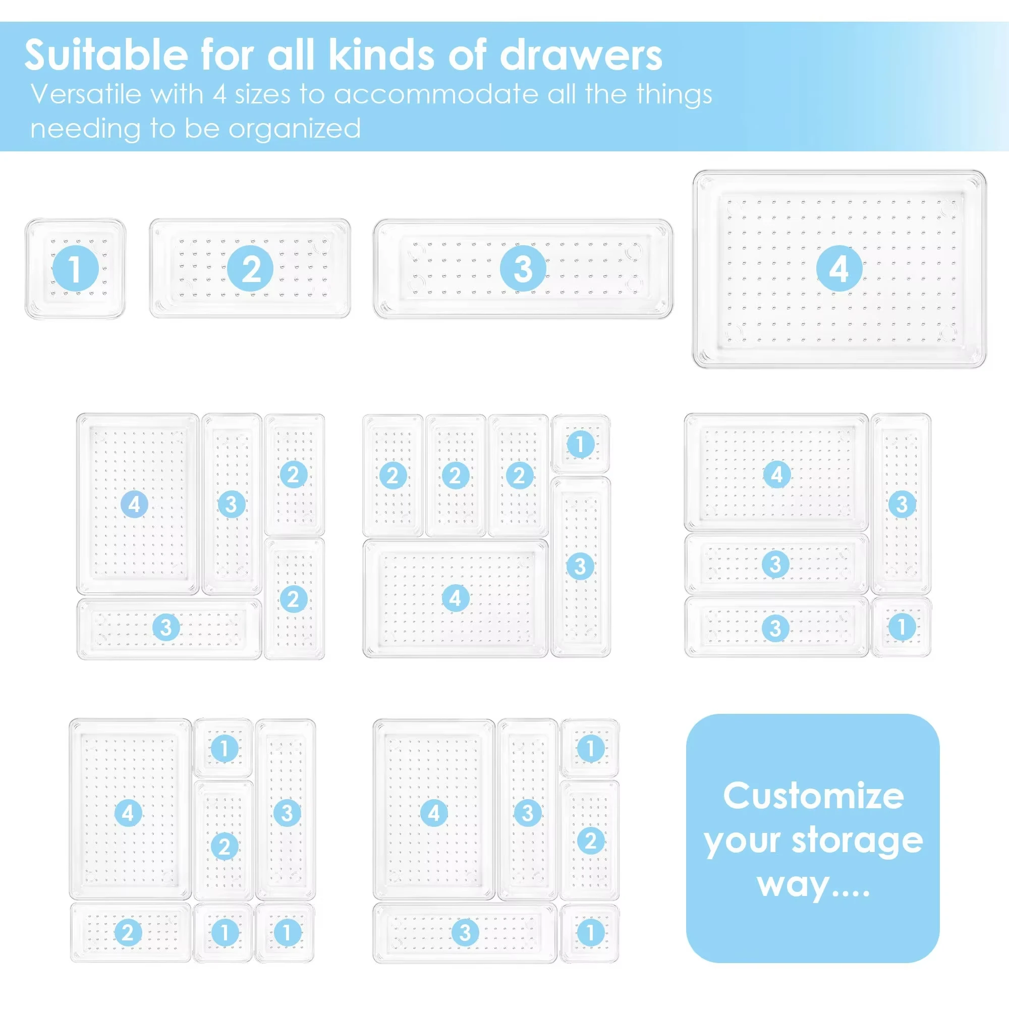 25 PCS Multifunctional Transparent Clear Plastic Acrylic Organizer Drawers Storage Container Box For Drawer