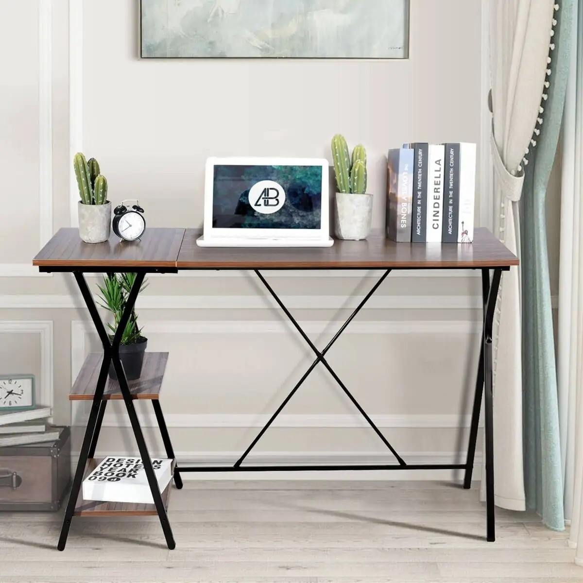 Modern Home Office Furniture Portable Black Computer Table With Black Metal Frame