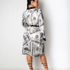Sleepwear Long Sleeve Maxi Stylish Sexy Dress Fashion Belted Money Print Casual Sarong Cardigan Sleepwear