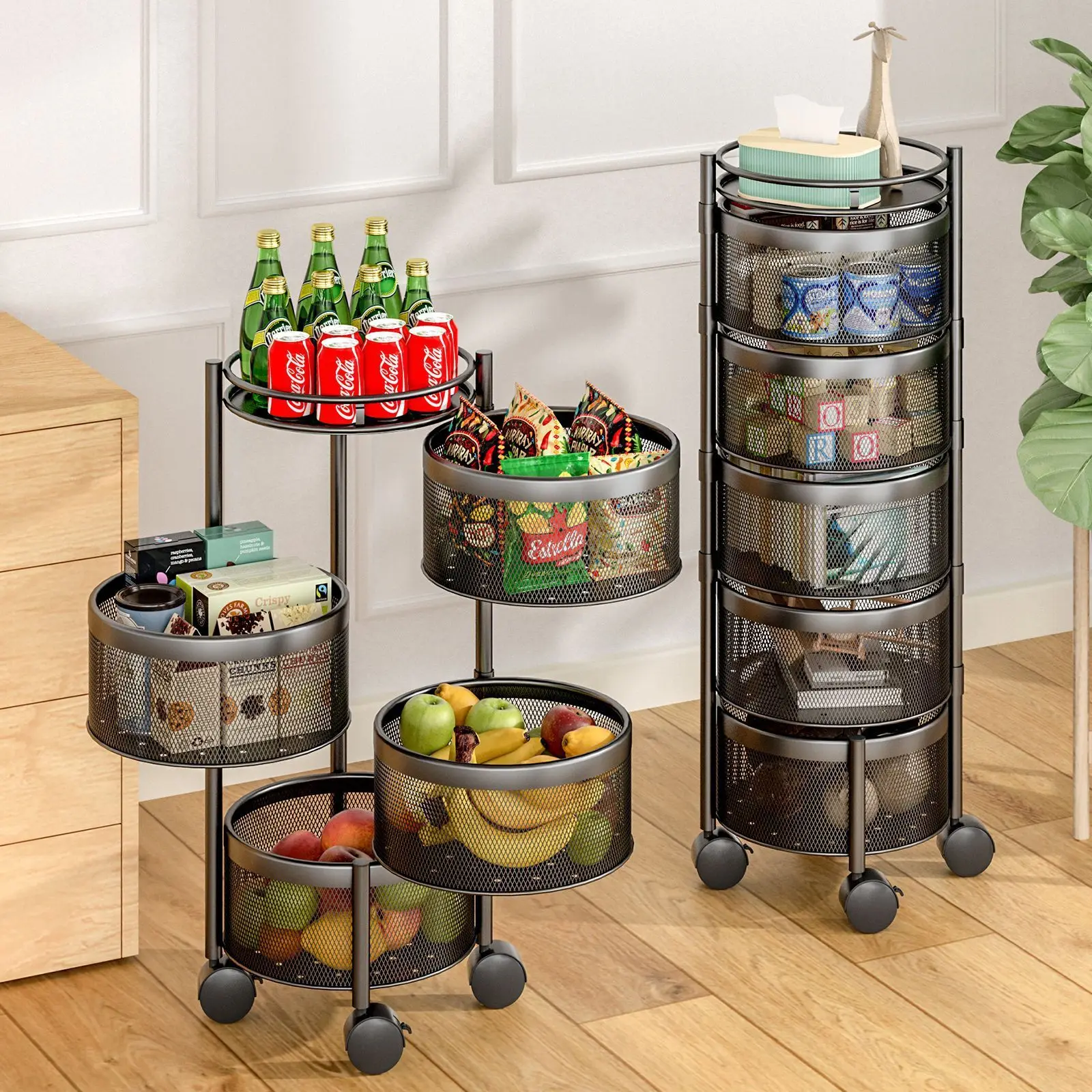 3-Layerd DERGH Round Rotating Cart 360° Kitchen Rotating Storage Rack with Wheels Multi Layered Kitchen Shelf 3 Layered Kitchen Storage Trolleys for Bathroom and Kitchen Use