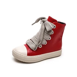Children High Top Leather Walking Casual Sneaker Boys Girls Ankle Boots Big Kids Zipper Thick Wide Laces Fashion Shoes