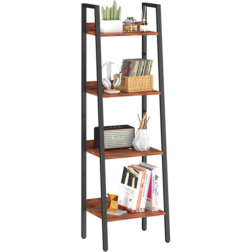 Modern 4-Tier Wooden/Metal Ladder Bookshelf-Tall Corner Design for Narrow Spaces Living Room & Home Office Storage details