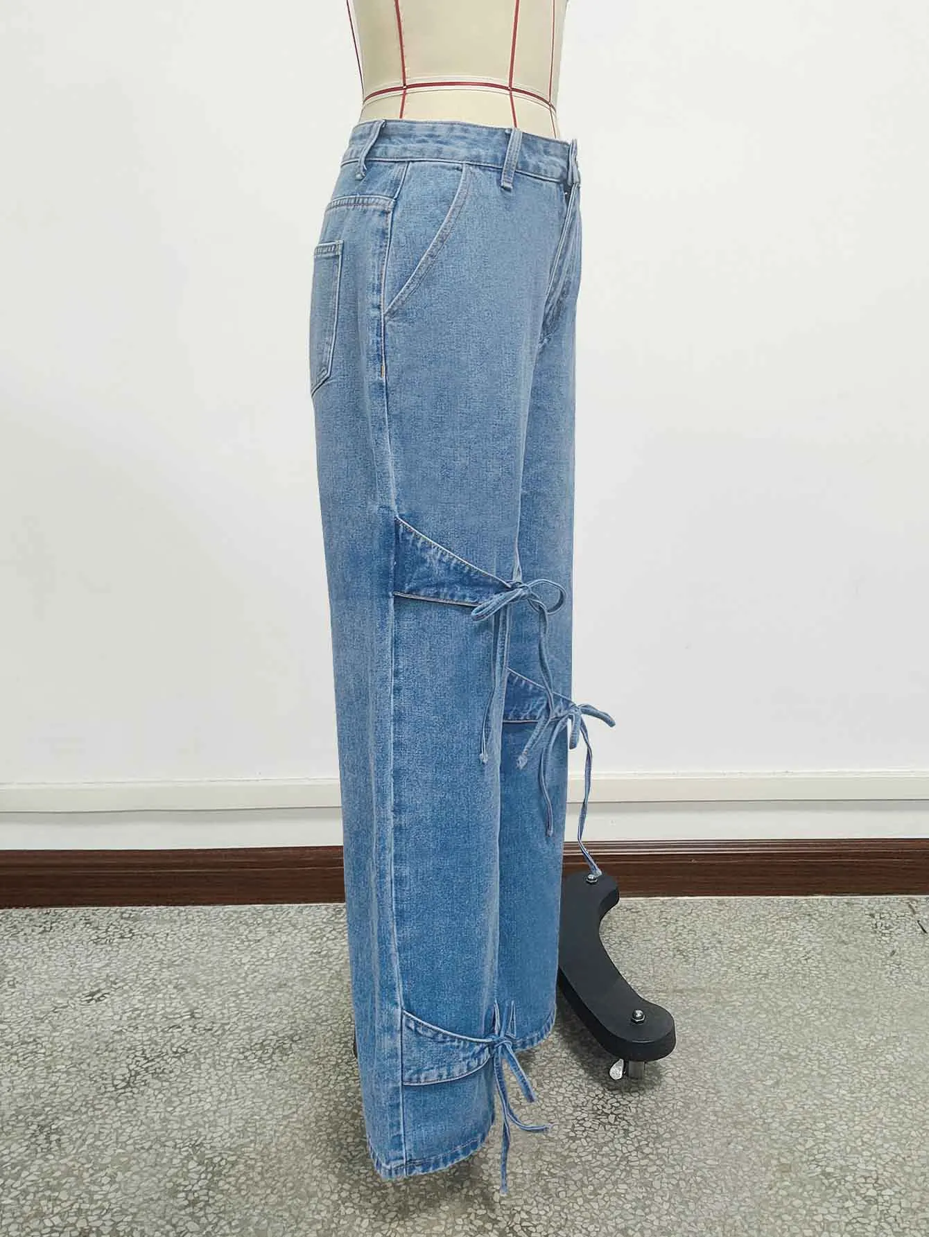 American Style Bow Tie Overalls Denim Jeans Women's Casual Summer Straight-leg Plus-size Women's Trousers manufacture