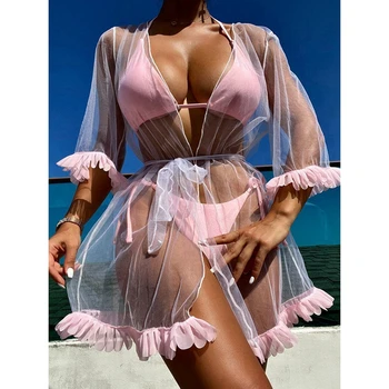 3 Piece Set Bikini Women Sexy Swimsuit Strappy Swimwear Mesh Cover Up