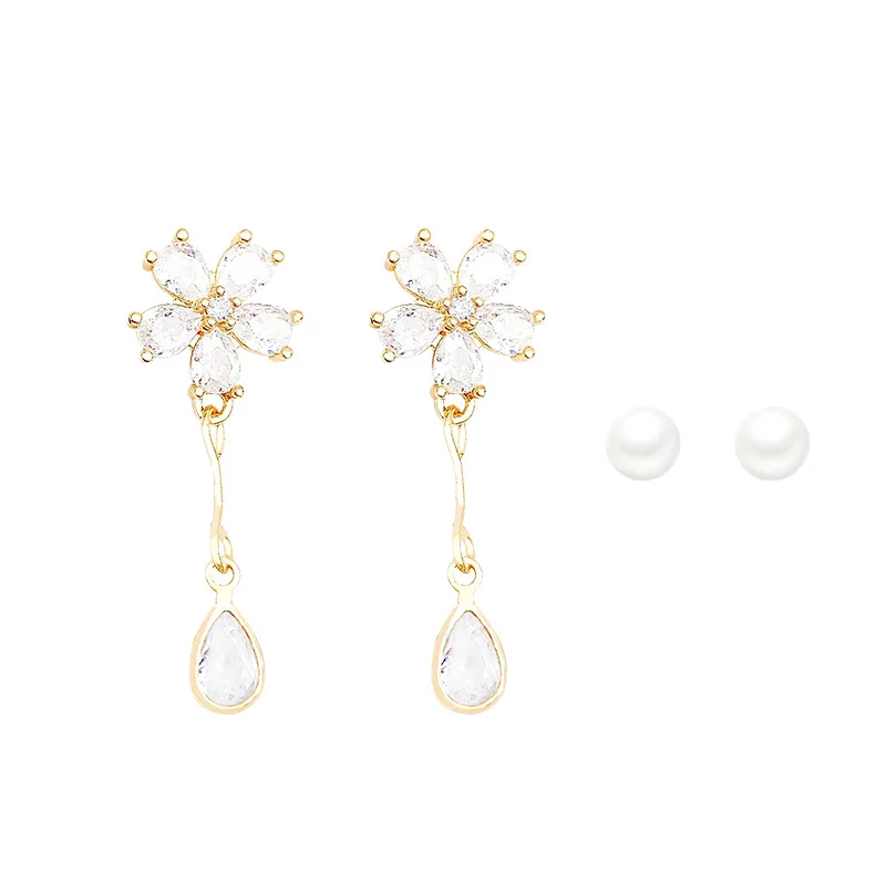 S925 sterling silver luxury exquisite simple temperament pearl zircon flower earrings set women