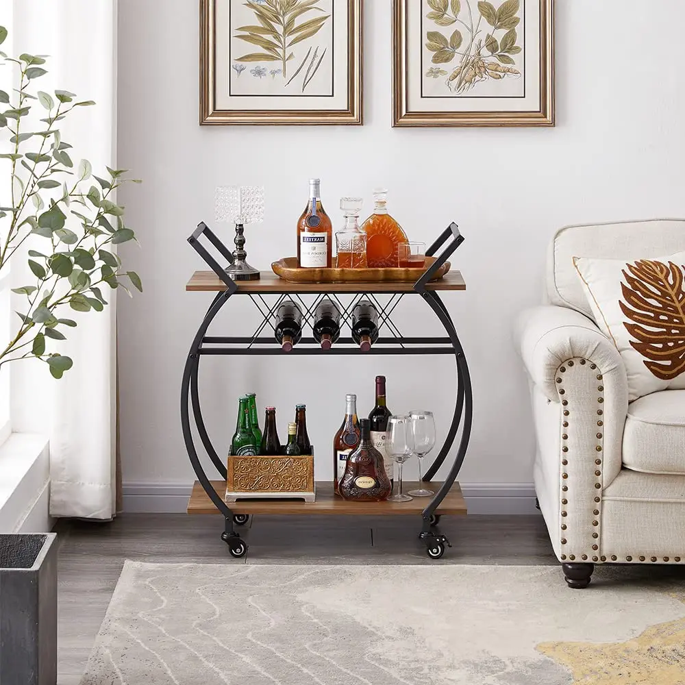 Modern Wood and Metal Portable Coffee Cart Table Utility Industrial Mobile Serving Cart Storage Shelf Bar Cart Wine Rack