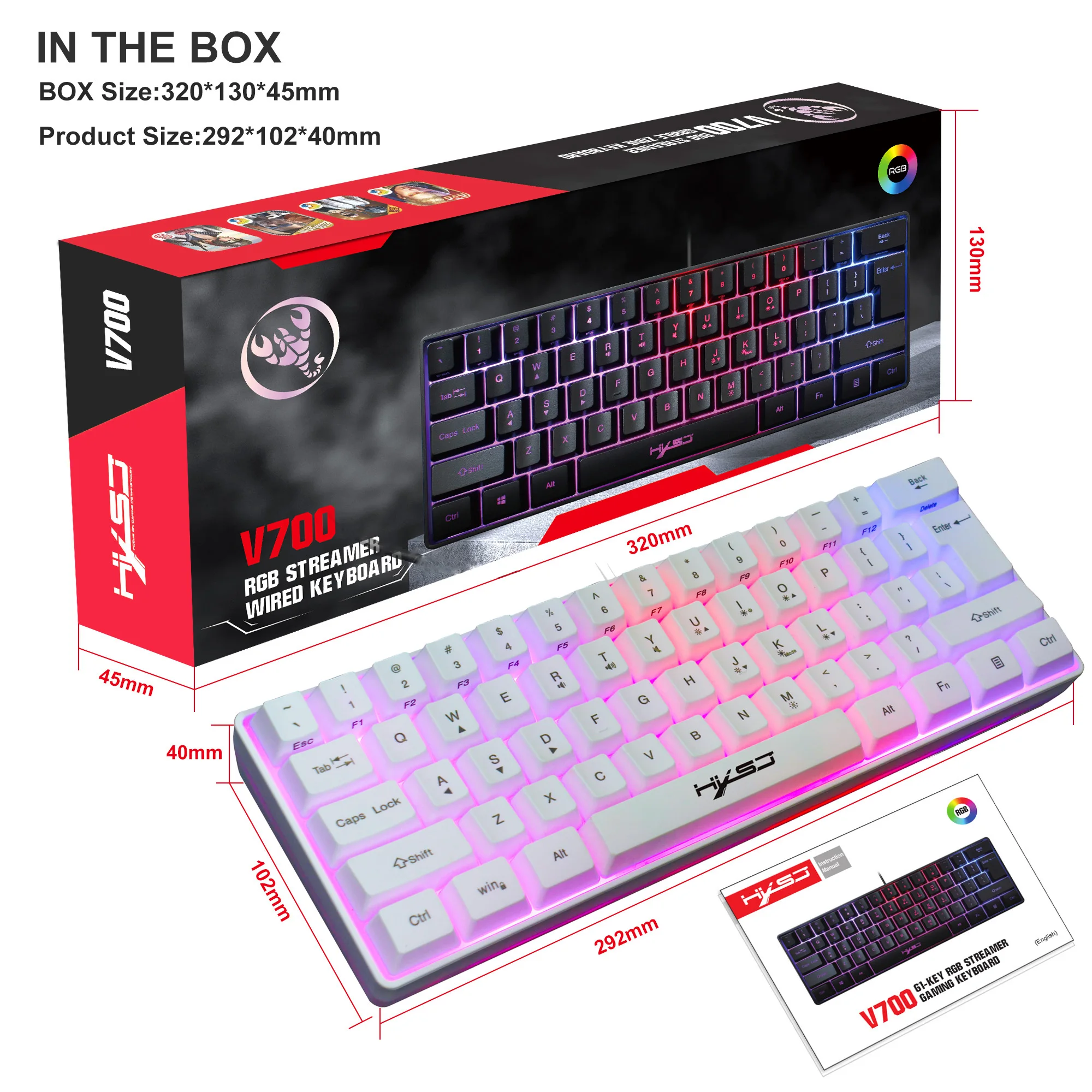 Hxsj V700 Mini Wired Backlit 60 Membrane Gaming Keyboard Compact Rgb