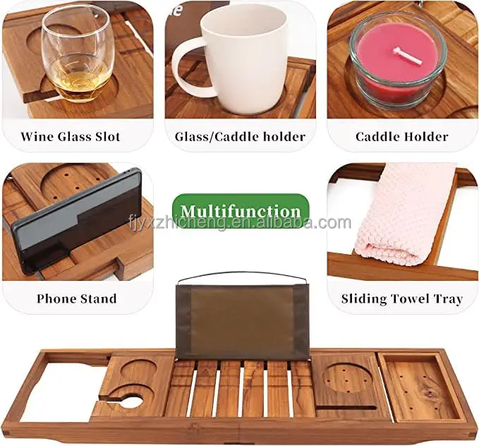 product premium teak bathtub tray expandable wooden bath tray for tub luxury bathtub bathroom accessories-3