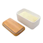 Custom large rectangle butter container keeper ceramic butter dish with wooden lid