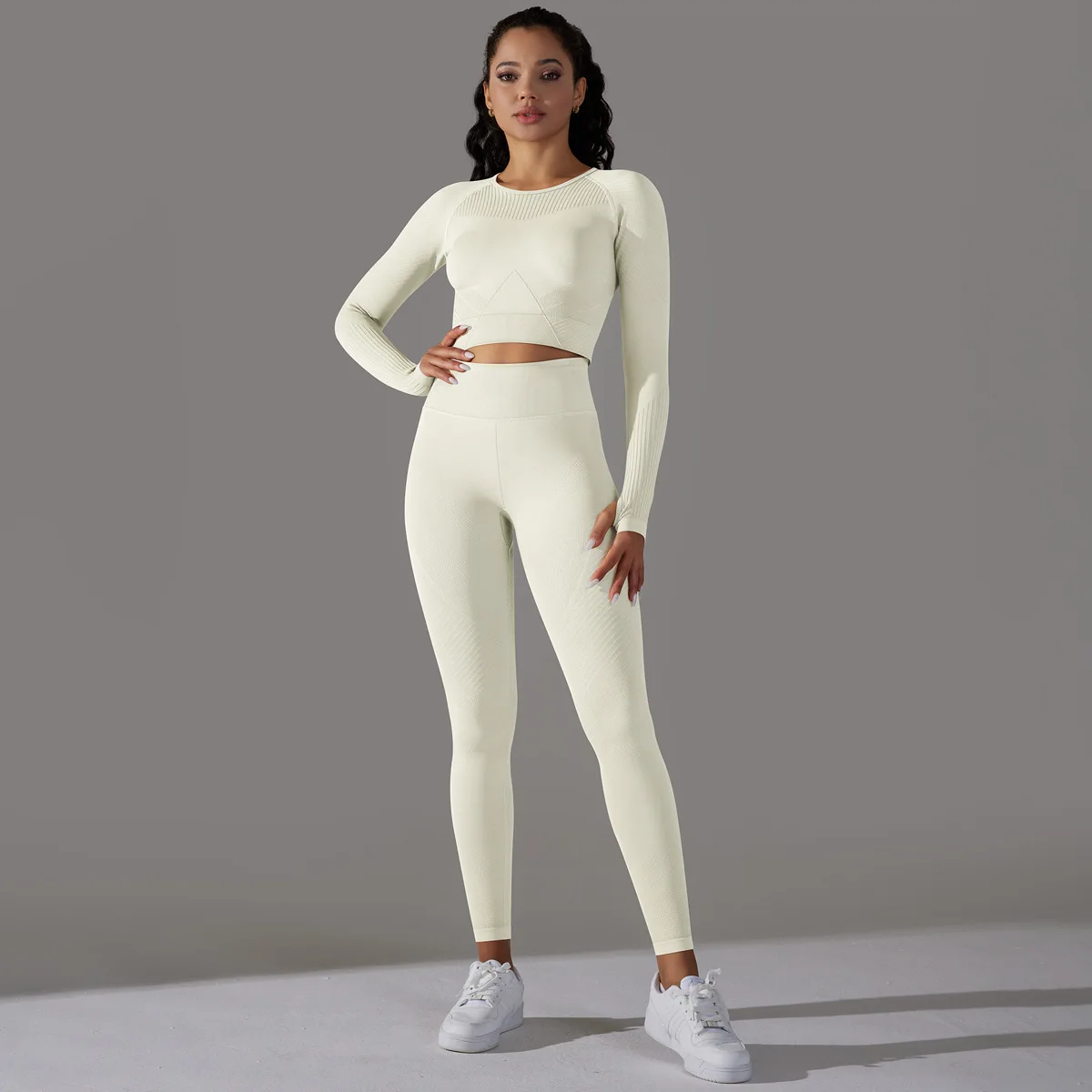 Women's High Quality Active Wear Gym Clothing Long Sleeve Crop Tops Leggings Clothes Yoga Set