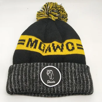 Unisex One Size Heather yellow custom logo chunky knit bobble hat with woven patch