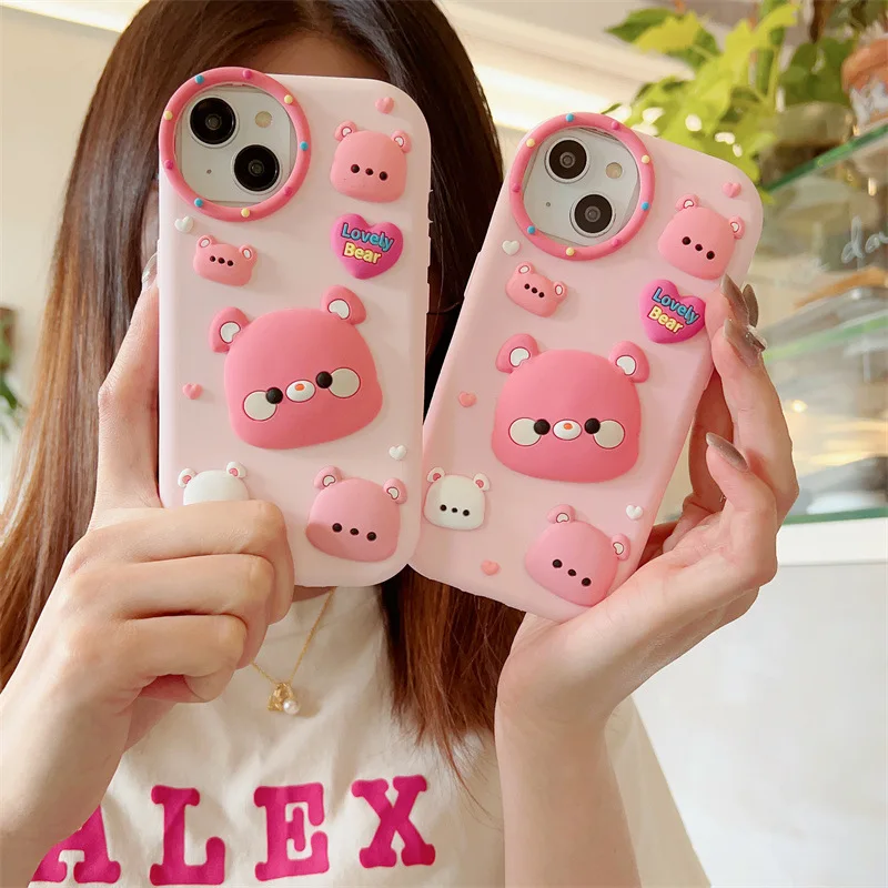 Cartoon Back Cover Pink Bear Silicone Cute Mobile Phone Case for Apple iPhone 15 14 13 12 pro max 11