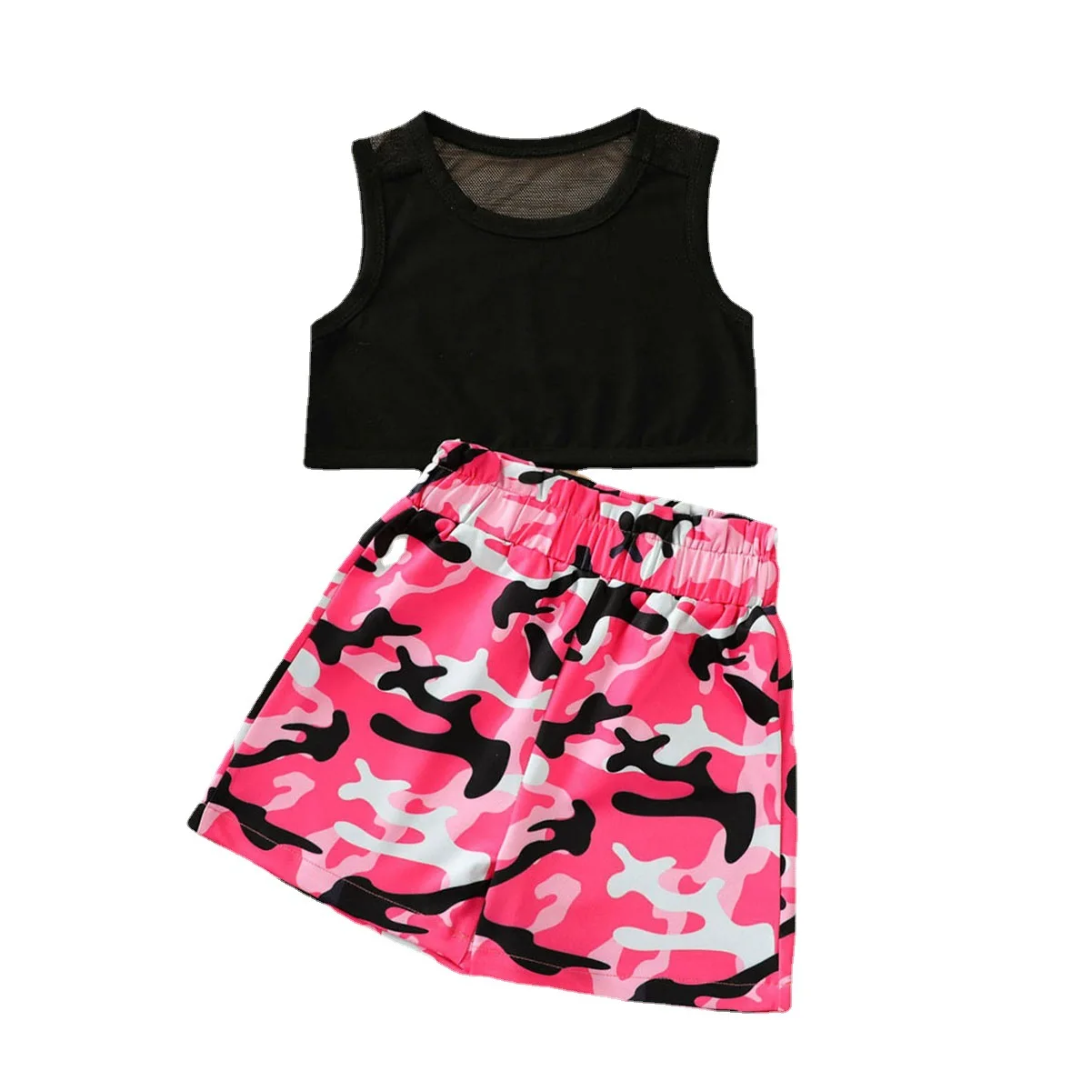 New arrival fashion toddler girls clothing sets sleeveless tops matching camouflage shorts two piece clothes for kids