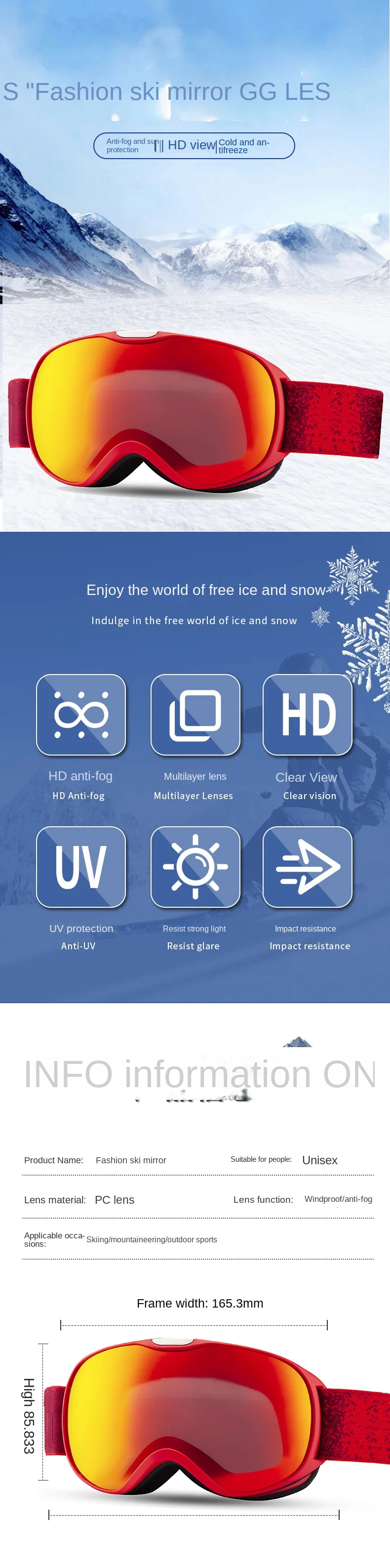 Outdoor Ski Goggles with Water Transfer Technology for Skiing and Snowboarding