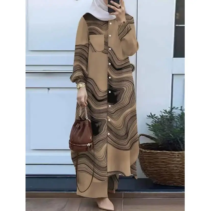 2023 Temperament Collage Cardigan Long-sleeved Lapel Cross-border Muslim Women's Single Row With Multiple Buttons Shirt
