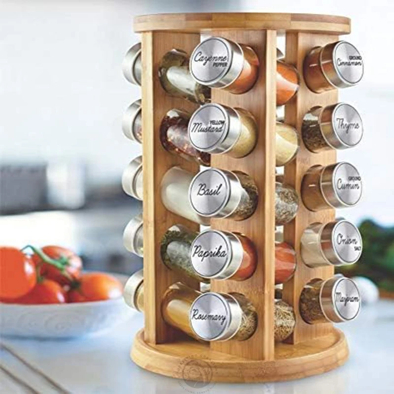 Premium Bamboo Rotating Spice Rack 20 Jars Revolving Spice Rack Tower Organizer for Kitchen