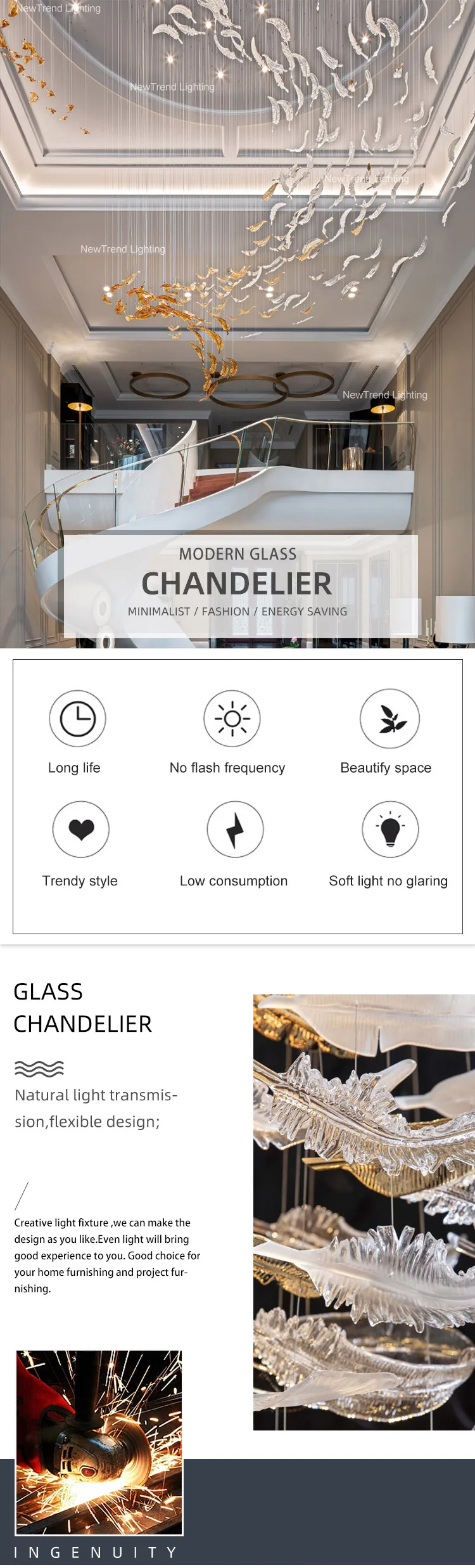 CPL-156 New Product Indoor Decoration Hotel Villa Mall Staircase Custom Large Glass LED Chandelier details