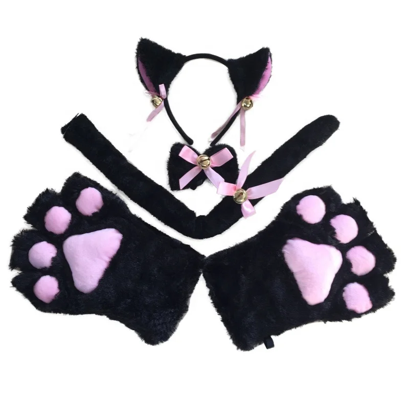 1 Set Plush Party Anime Cat Ears Cosplay Costume Paw Claw Gloves Tail Bow-tie