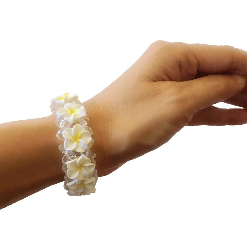 Hawaiian Pink And White Plumeria Flower Bead Elastic Bracelet Hand Woven Crystal Beads And Soft