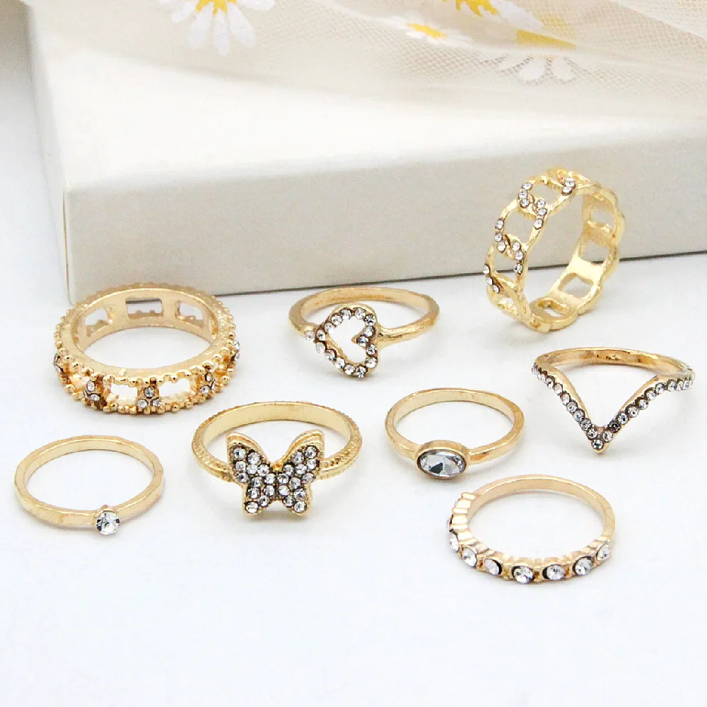 8Pcs Bohemia Gold Zircon Heart Butterfly Finger Ring Set Women Shiny Cz Rhinestone Knuckle Rings Jewelry Set