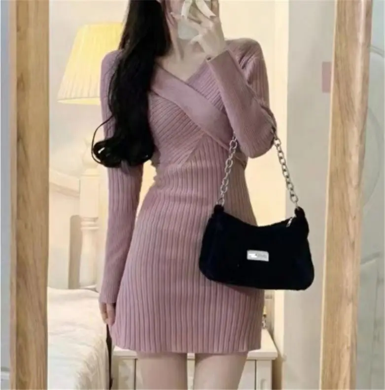 New in Customize Sexy Pink V neck Long Sleeve mini Skirt Casual Sweater Dress
