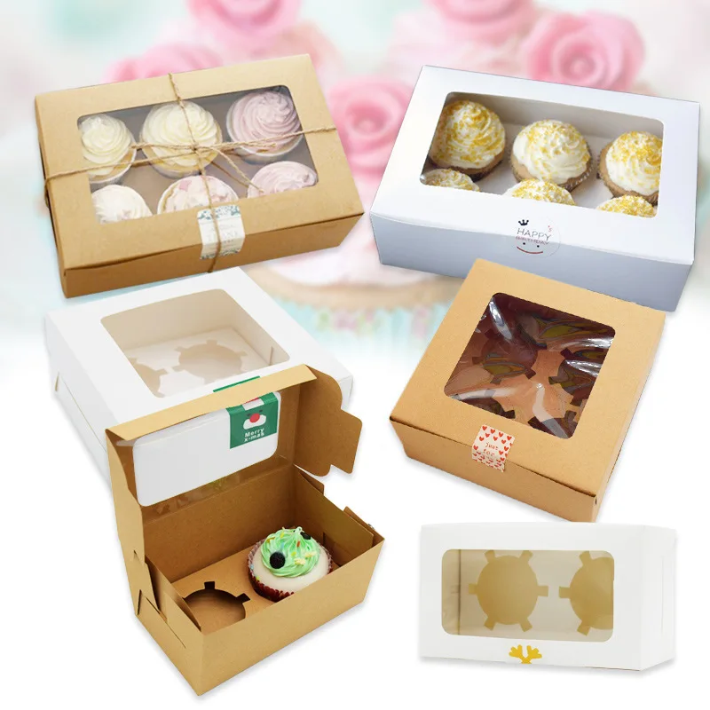 Wholesale white 2/4/6/12 holes cupcake packaging box kraft paper muffin cup cake box with window cake box