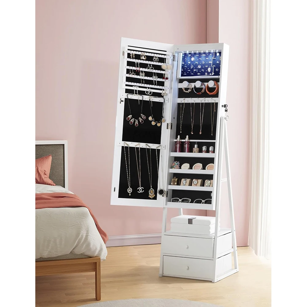 2 Drawers Lockable White Jewelry Armoire with Full-Length Mirror Wood Jewelry Storage Cabinet for Living Room manufacture