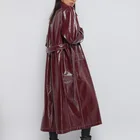 Women's Coat Wine Red Trench Women's Slim Motorcycle Pu Leather Coat Long Slim With Belt