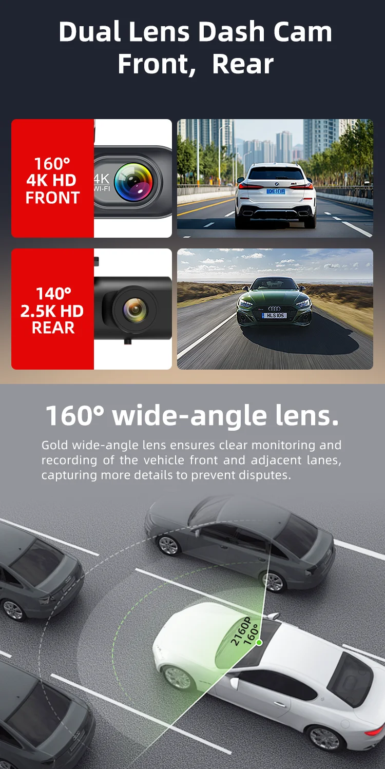 4K+2K Dual Dash Cam With Build-in 2.4G WIFI&GPS Voice Control Car Black Box Camcorder Camera 4K Dashcam for Competitively Priced factory